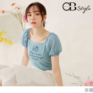 KITTY PRINTED SQUARE NECK PATCHED PUFF SLEEVE TOPS