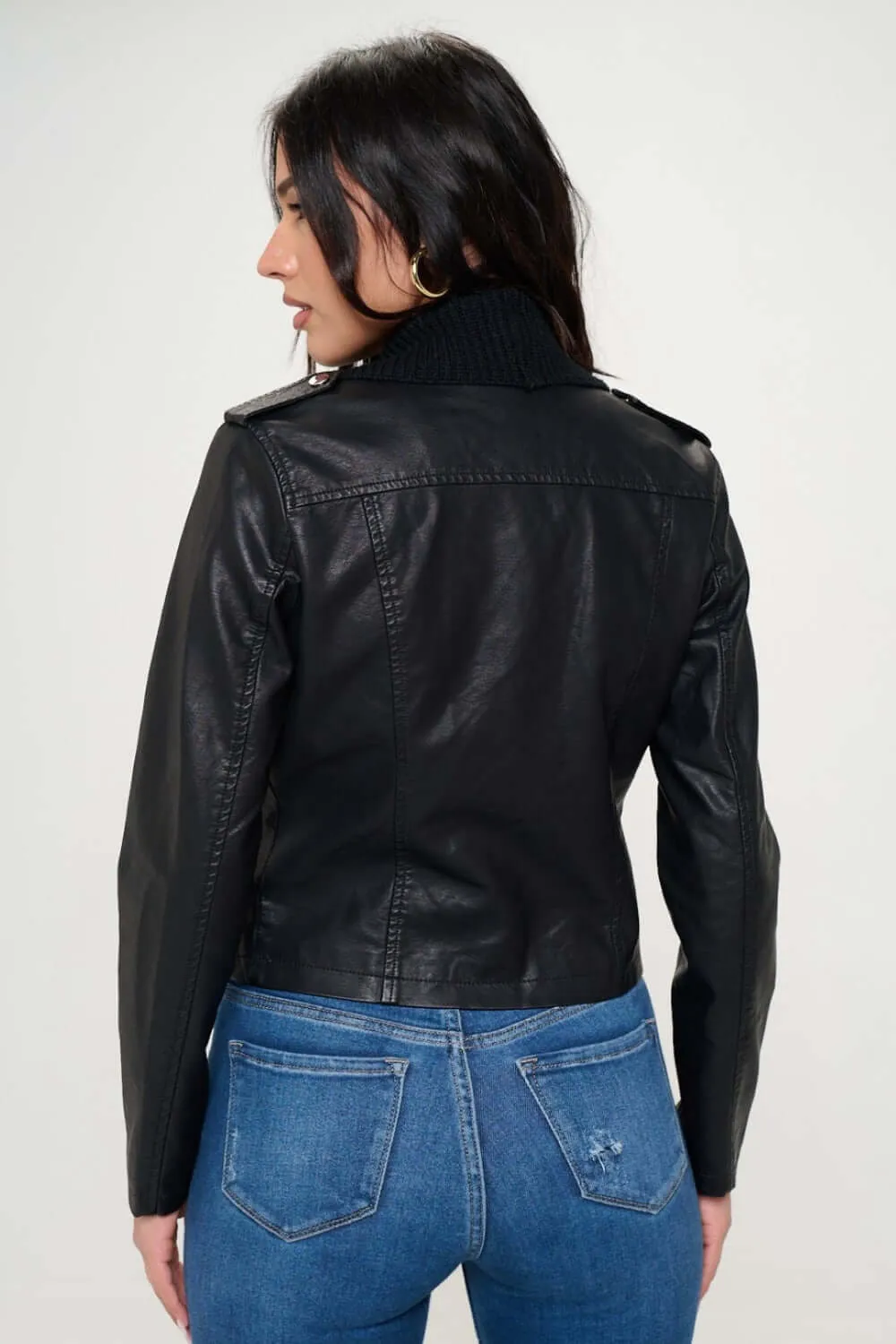 Knit Collared Faux Leather Crop Jacket