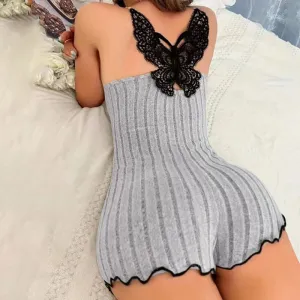 Lace Butterfly Knit Short Romper