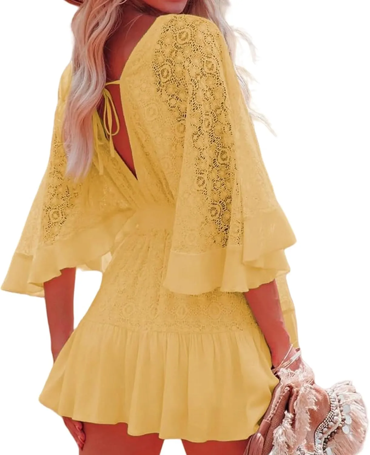 Lace Dresses for Women Crochet Romper Dress Batwing Sleeve Ruffle Hem Midi Dresses Elegant V Neck Summer Tunic Dress