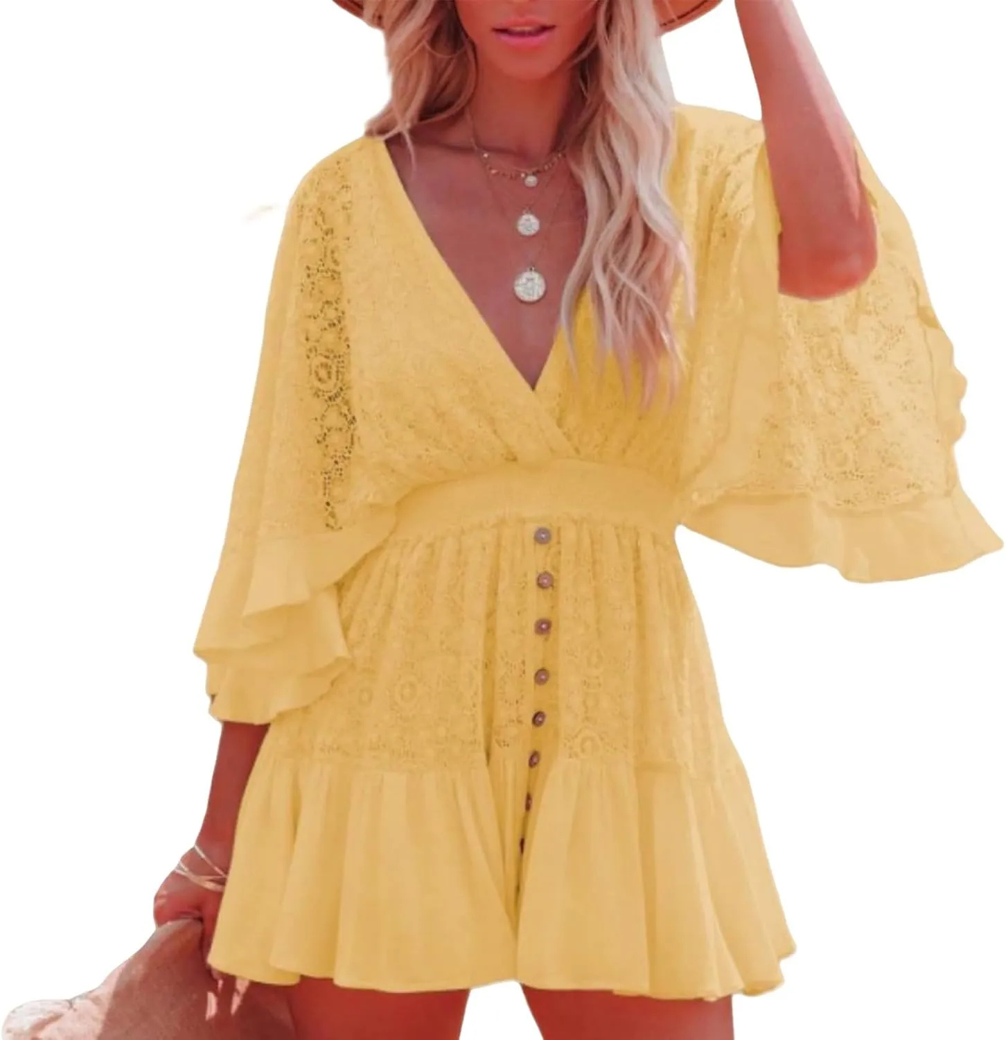 Lace Dresses for Women Crochet Romper Dress Batwing Sleeve Ruffle Hem Midi Dresses Elegant V Neck Summer Tunic Dress