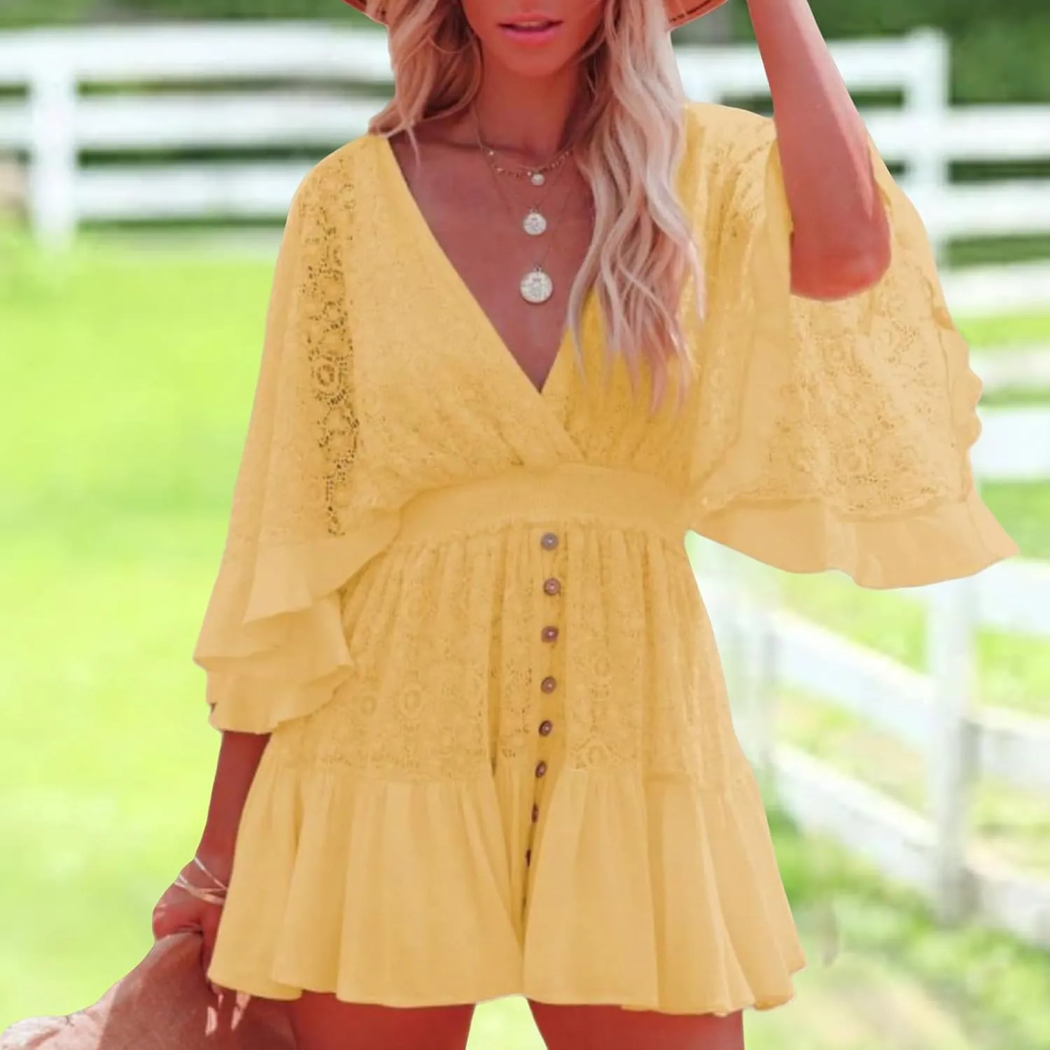 Lace Dresses for Women Crochet Romper Dress Batwing Sleeve Ruffle Hem Midi Dresses Elegant V Neck Summer Tunic Dress