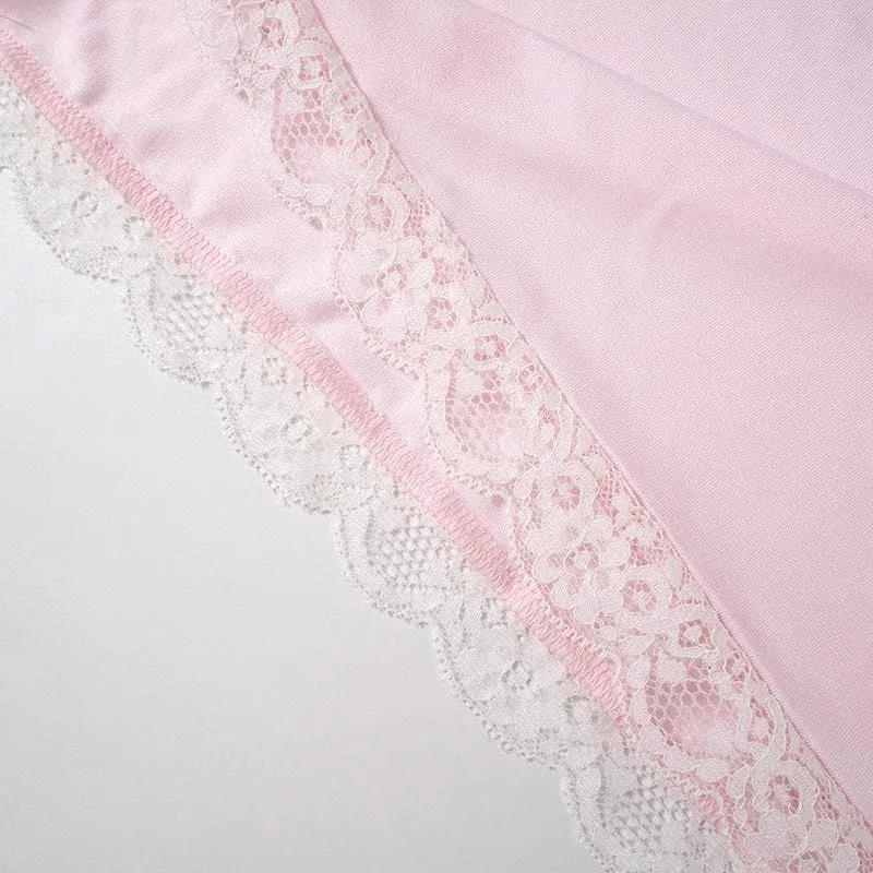 Lace hem bowknot short sleeve high neck mini skirt set
