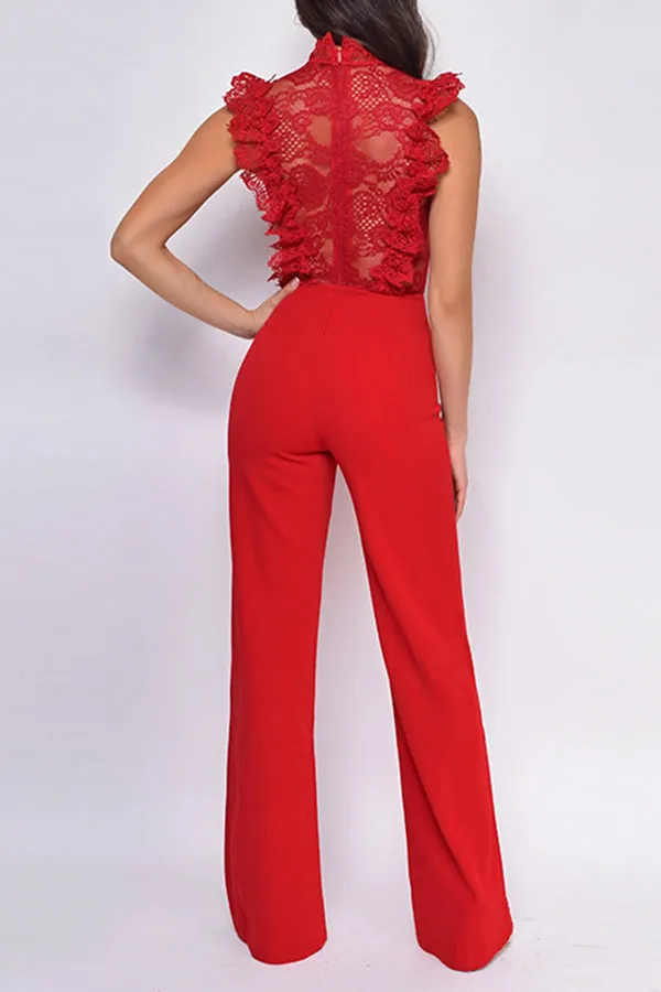 Lace Patchwork Sweet Ruffle See-Through Jumpsuit