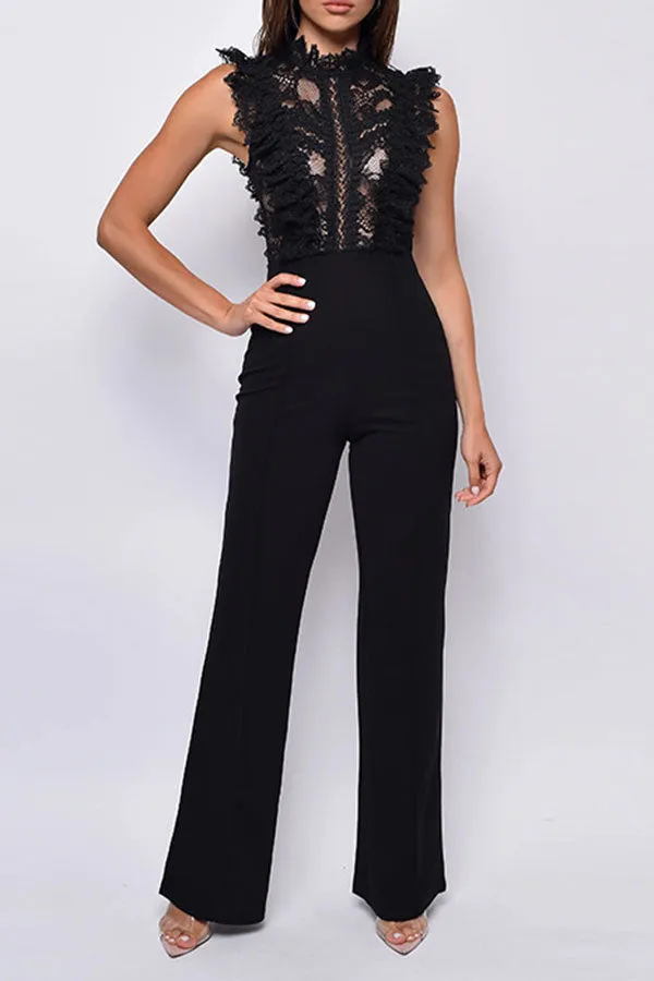 Lace Patchwork Sweet Ruffle See-Through Jumpsuit