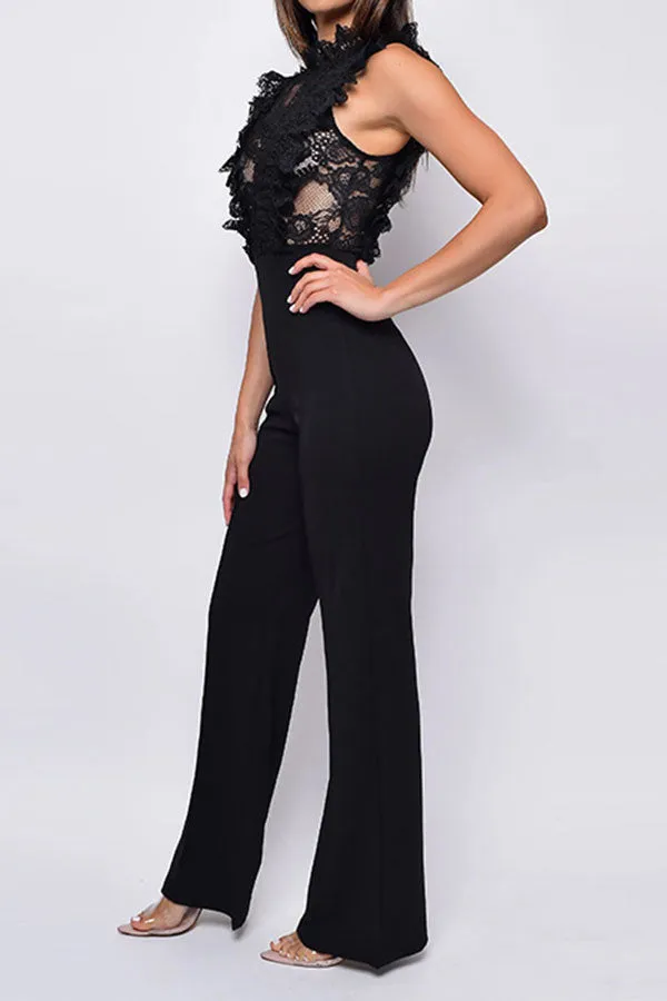 Lace Patchwork Sweet Ruffle See-Through Jumpsuit