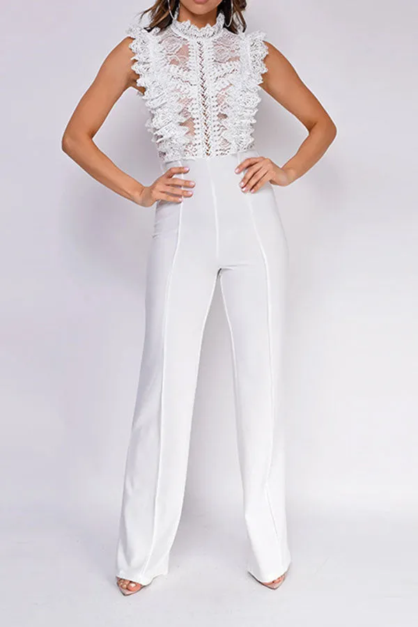 Lace Patchwork Sweet Ruffle See-Through Jumpsuit