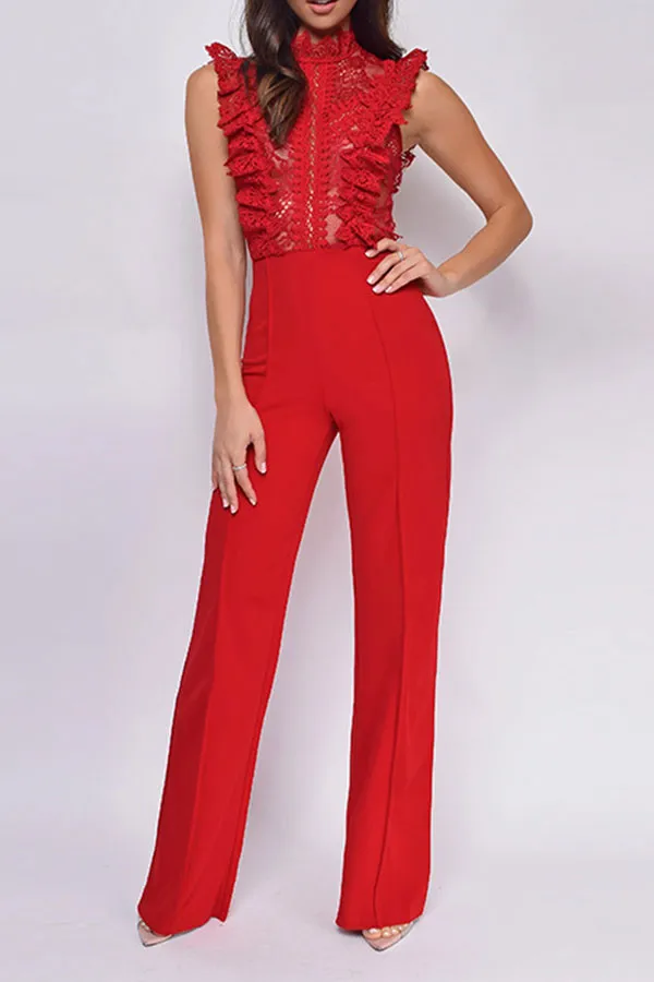 Lace Patchwork Sweet Ruffle See-Through Jumpsuit