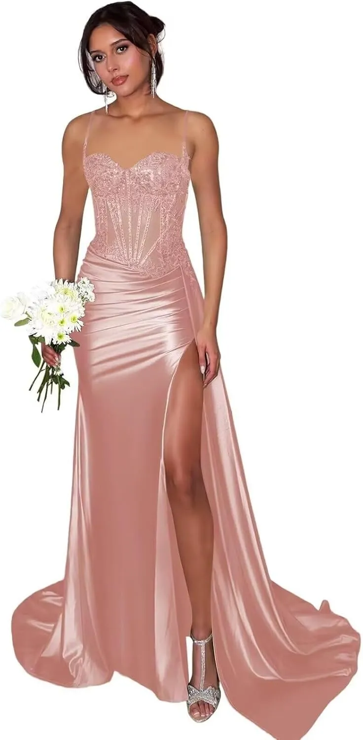 Lace Satin Prom Dresses for Women 2025 Long Mermaid Spaghetti Straps Corset Formal Evening Party Dress with Slit