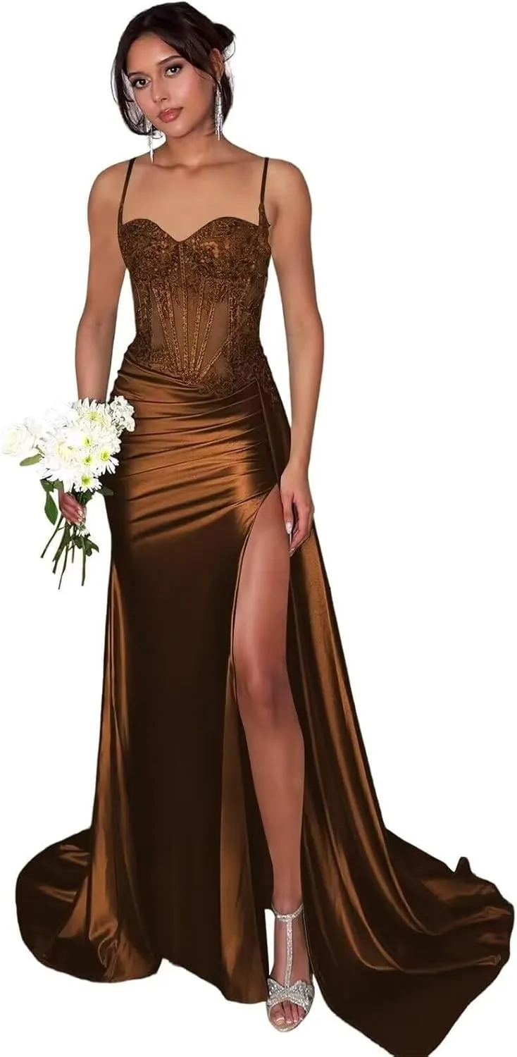 Lace Satin Prom Dresses for Women 2025 Long Mermaid Spaghetti Straps Corset Formal Evening Party Dress with Slit
