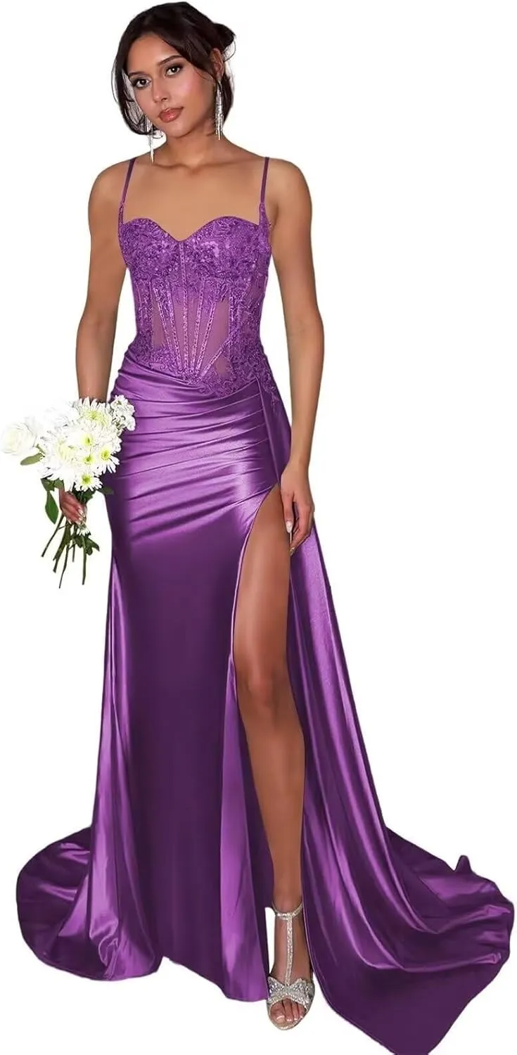 Lace Satin Prom Dresses for Women 2025 Long Mermaid Spaghetti Straps Corset Formal Evening Party Dress with Slit