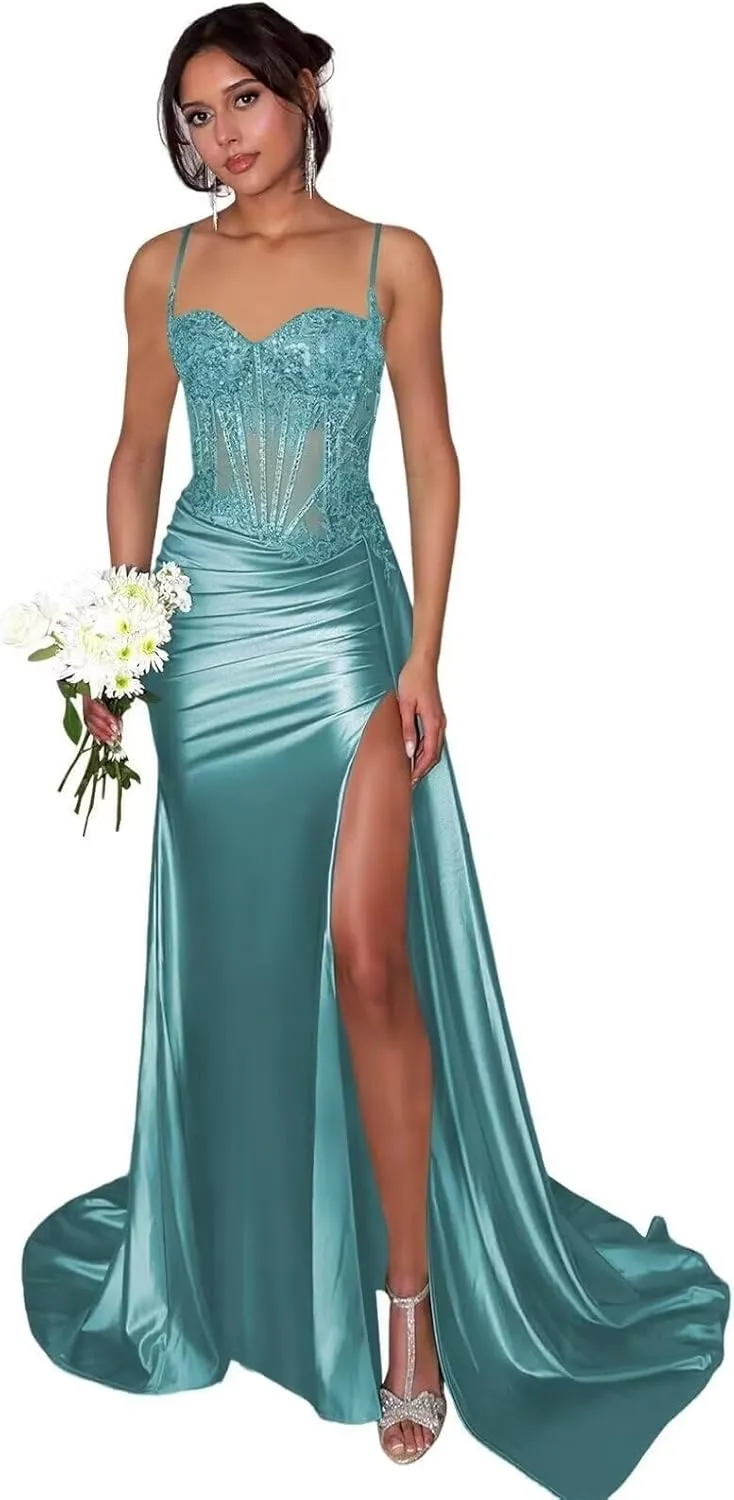 Lace Satin Prom Dresses for Women 2025 Long Mermaid Spaghetti Straps Corset Formal Evening Party Dress with Slit