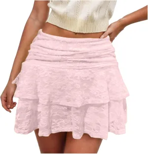 Lace Skirts for Women Y2k Elastic Low Rise Layered Pleated A-Line Mini Skirt Cute Flowy Ruffle Short Skirt Streetwear