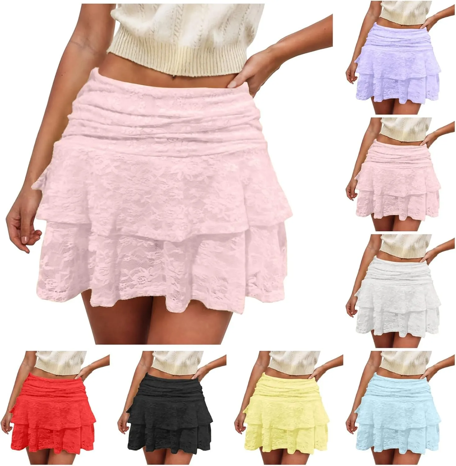 Lace Skirts for Women Y2k Elastic Low Rise Layered Pleated A-Line Mini Skirt Cute Flowy Ruffle Short Skirt Streetwear