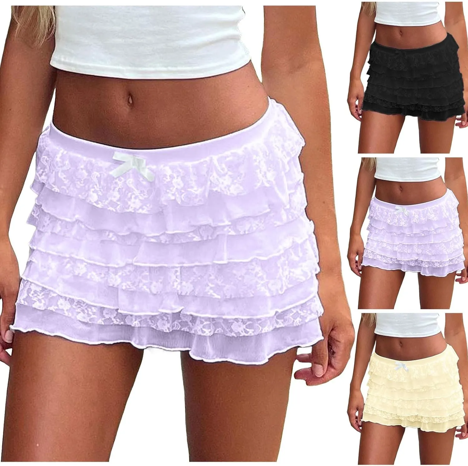 Lace Skirts for Women Y2k Elastic Low Rise Layered Pleated A-Line Mini Skirt Cute Flowy Ruffle Short Skirt Underskirt