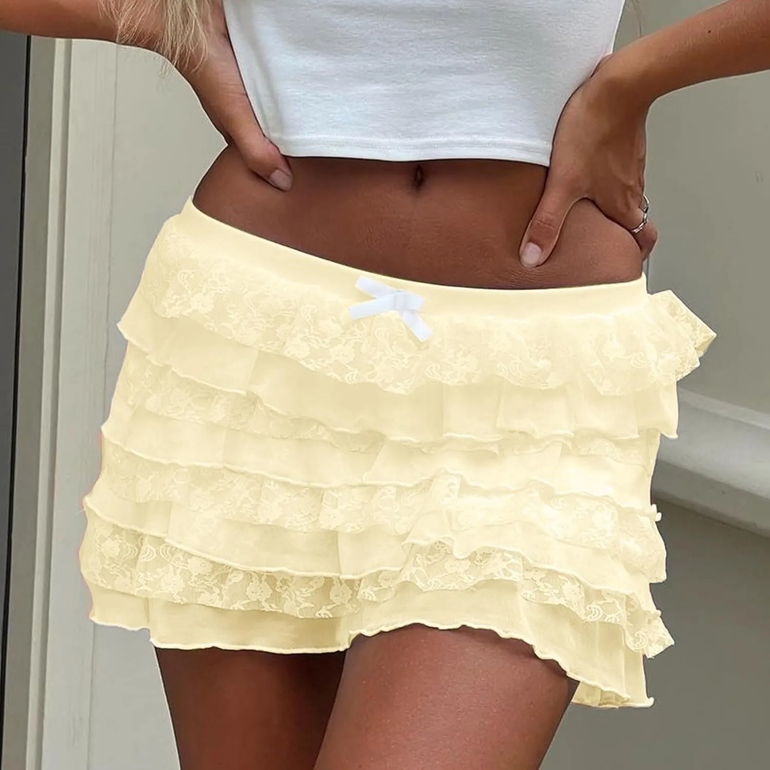 Lace Skirts for Women Y2k Elastic Low Rise Layered Pleated A-Line Mini Skirt Cute Flowy Ruffle Short Skirt Underskirt