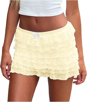 Lace Skirts for Women Y2k Elastic Low Rise Layered Pleated A-Line Mini Skirt Cute Flowy Ruffle Short Skirt Underskirt