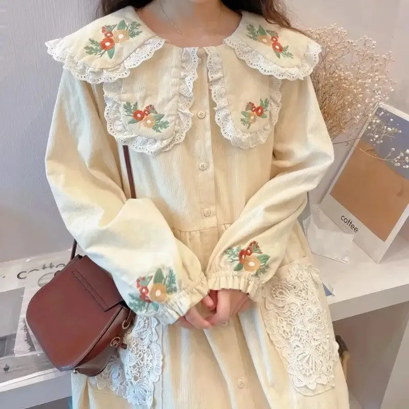 Lace Sweet Cute Corduroy Long Sleeve Dresses
