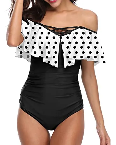 Lace Up Ruffle Swimsuits Best Bathing Suits For Curvy Women-White Black Polka Dots