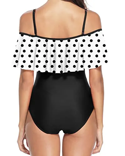 Lace Up Ruffle Swimsuits Best Bathing Suits For Curvy Women-White Black Polka Dots
