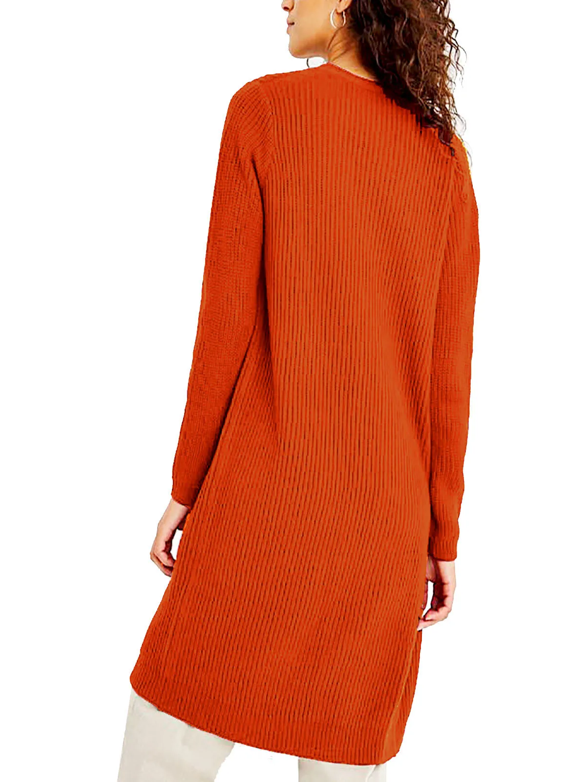 Ladies Burnt Orange Open Longline Fisherman Ribbed Pocket Plus Size Cardigan