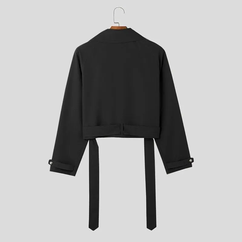 Lapel Long Sleeve Solid Color Crop Coat Loose Casual Jackets With Belt