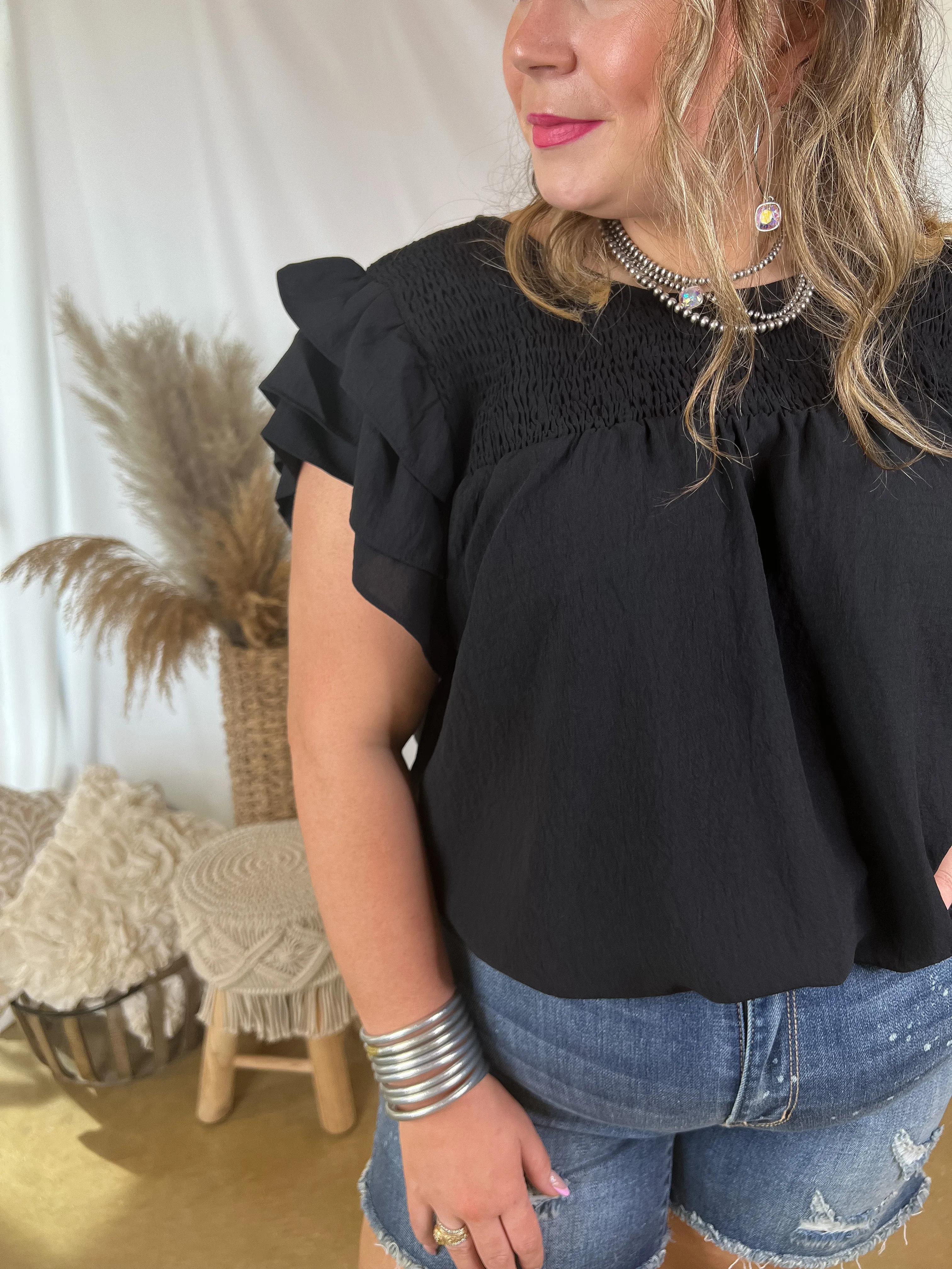 Last Chance Size Small | Balcony Nights Ruffle Shoulder Cap Sleeve Blouse in Black