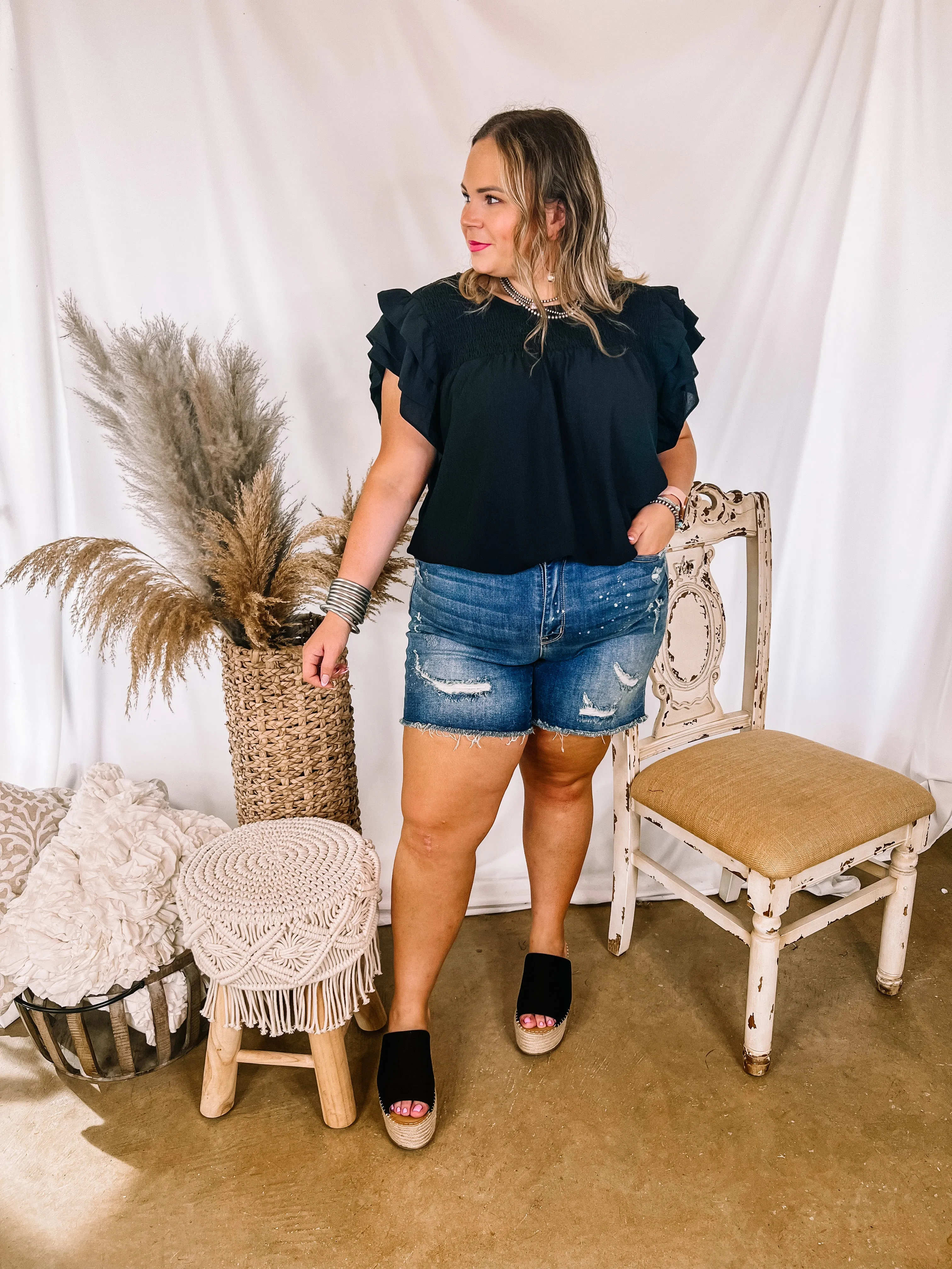 Last Chance Size Small | Balcony Nights Ruffle Shoulder Cap Sleeve Blouse in Black