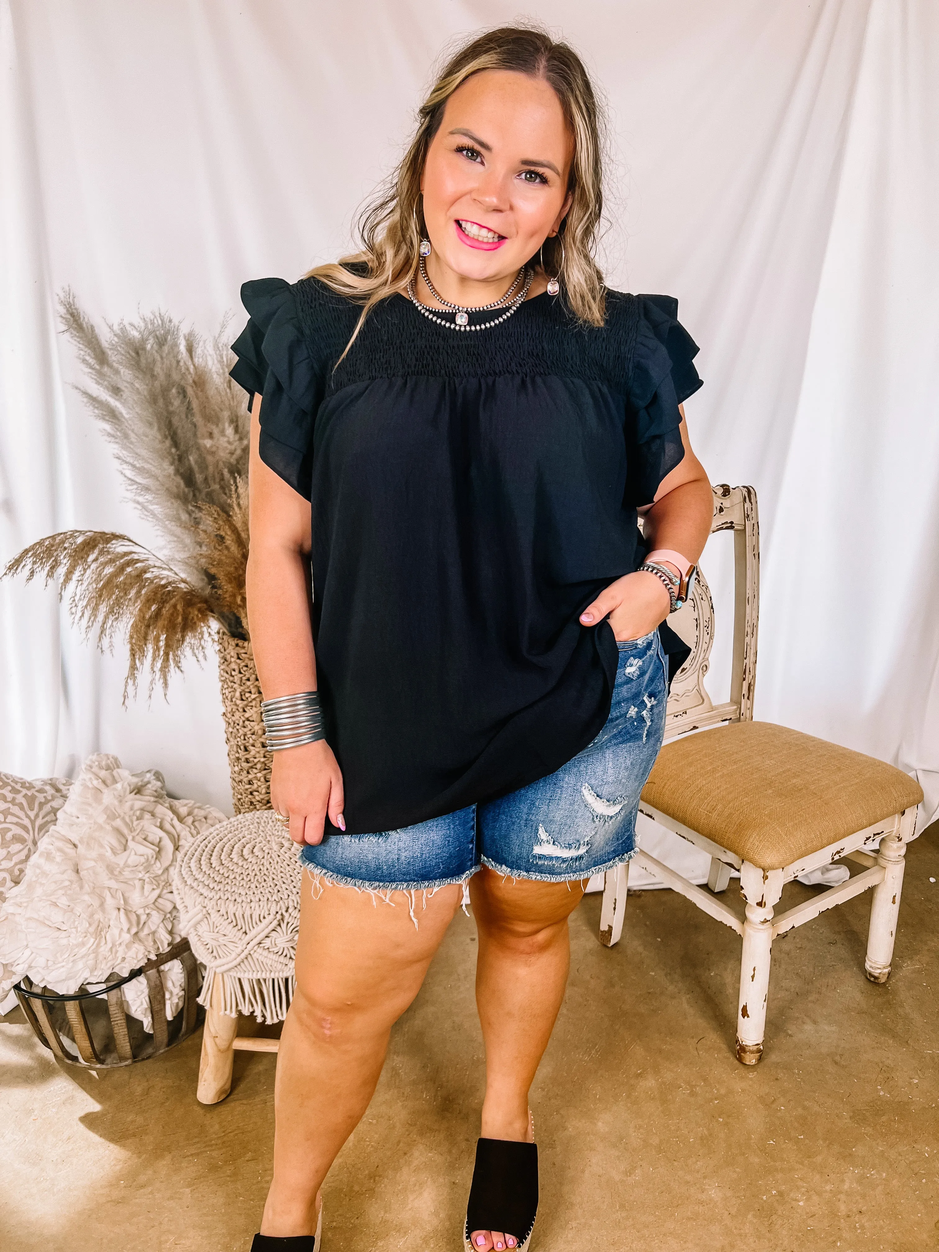 Last Chance Size Small | Balcony Nights Ruffle Shoulder Cap Sleeve Blouse in Black