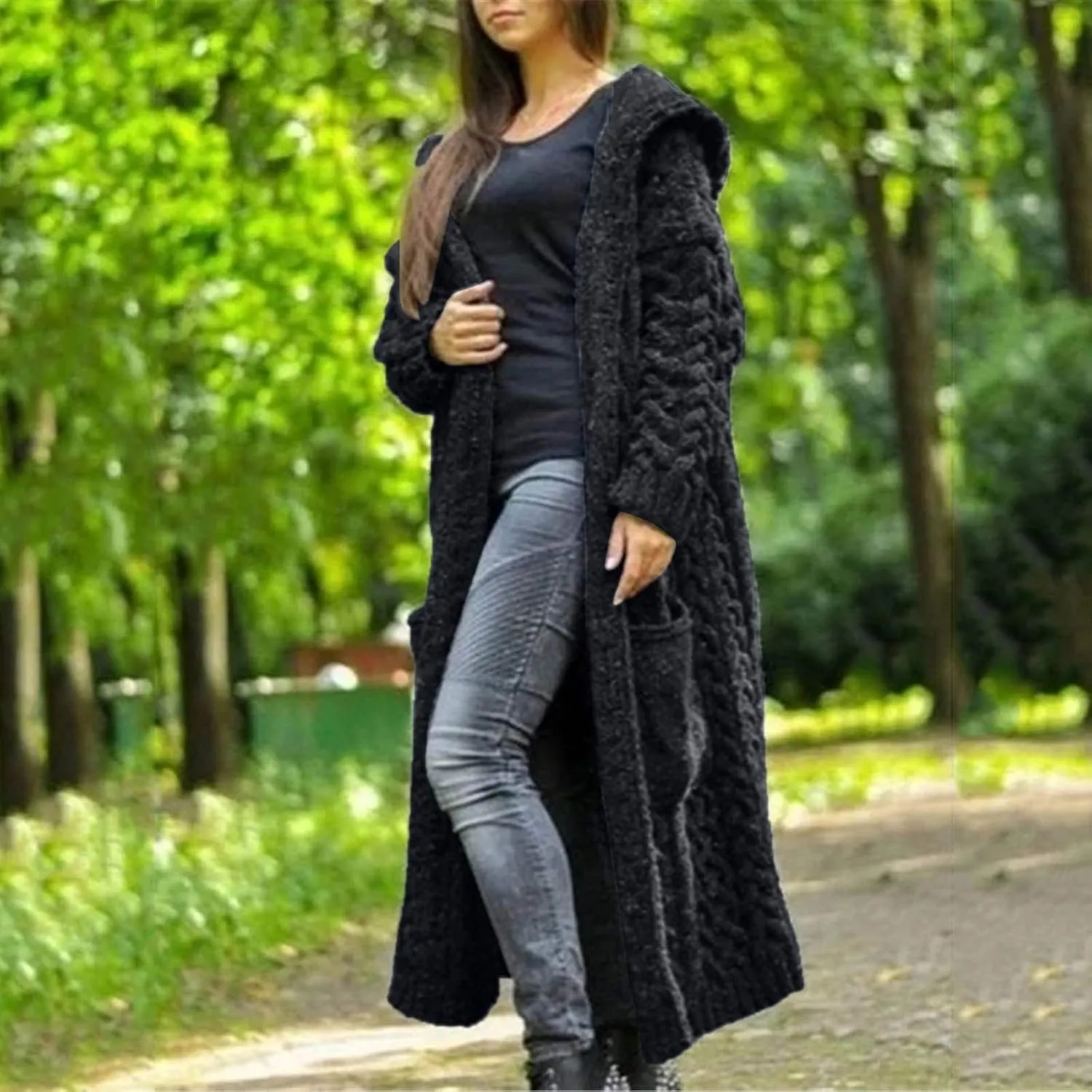 Lastesso 2023 Fall Cardigan for Women Soft Long Knit Overcoat Oversize Open Front Cable Knit Hooded Coat Trendy Sweater