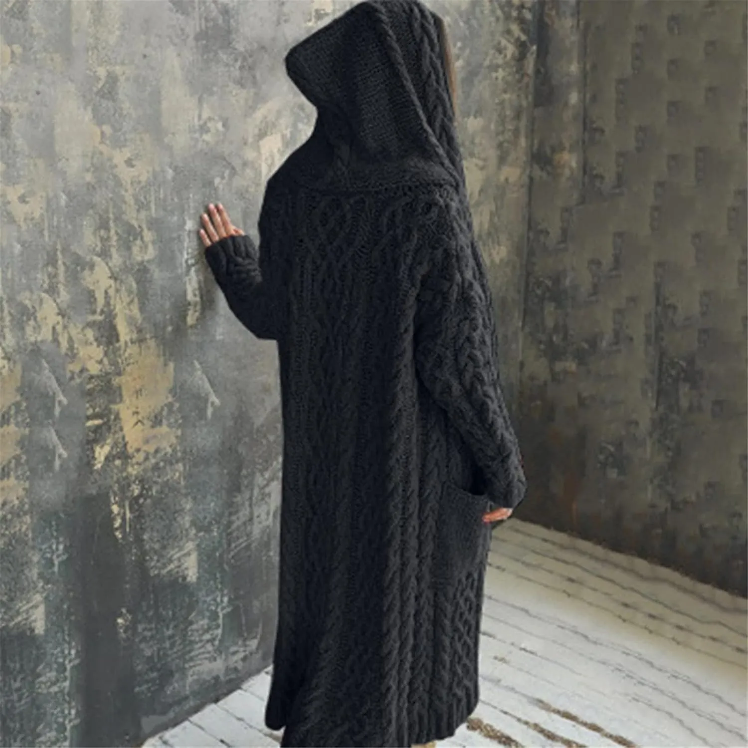 Lastesso 2023 Fall Cardigan for Women Soft Long Knit Overcoat Oversize Open Front Cable Knit Hooded Coat Trendy Sweater