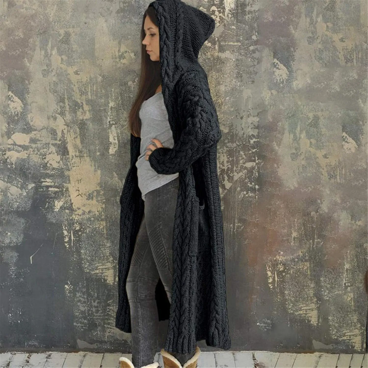 Lastesso 2023 Fall Cardigan for Women Soft Long Knit Overcoat Oversize Open Front Cable Knit Hooded Coat Trendy Sweater