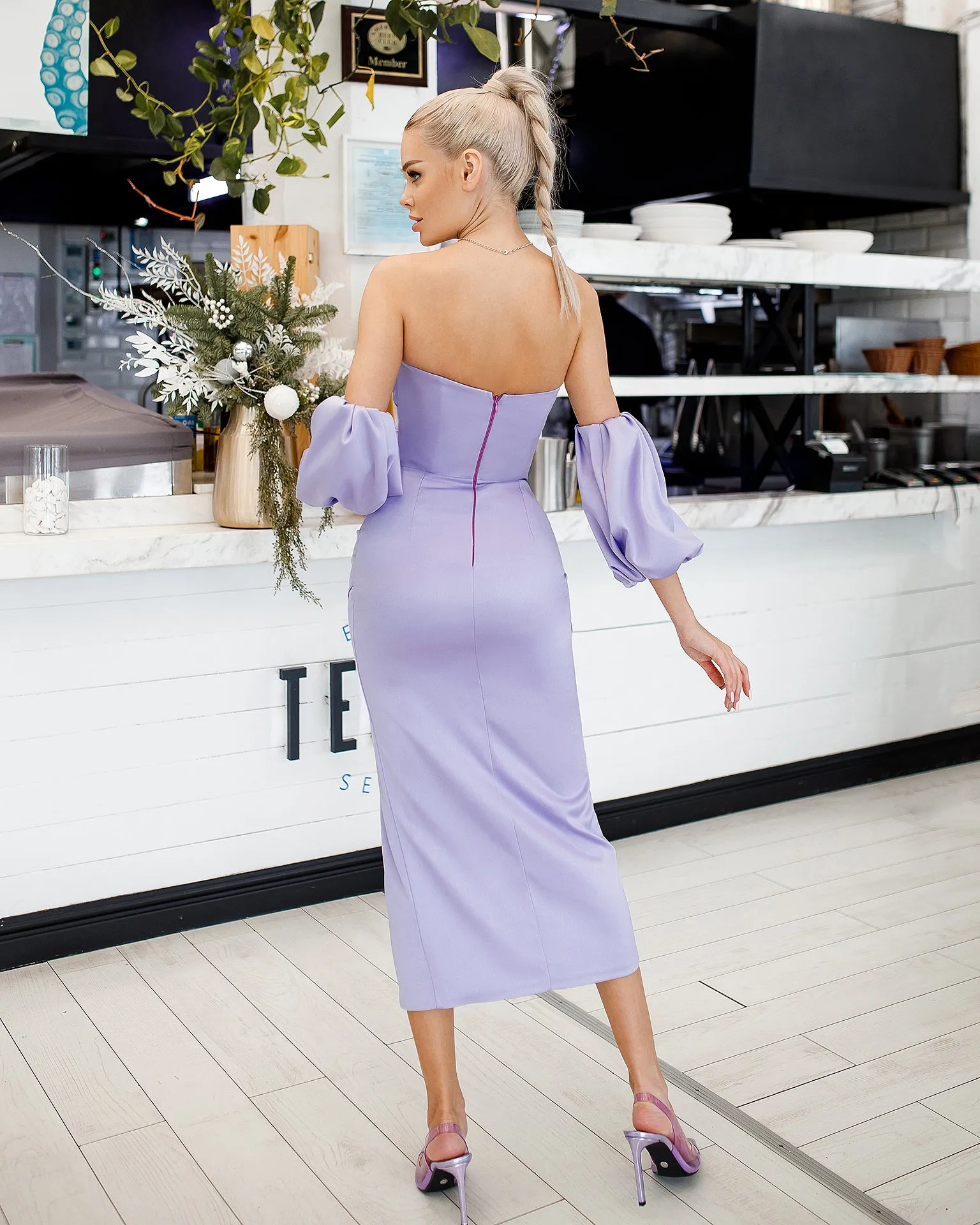 Lavender Satin Puff-Sleeve Midi Dress