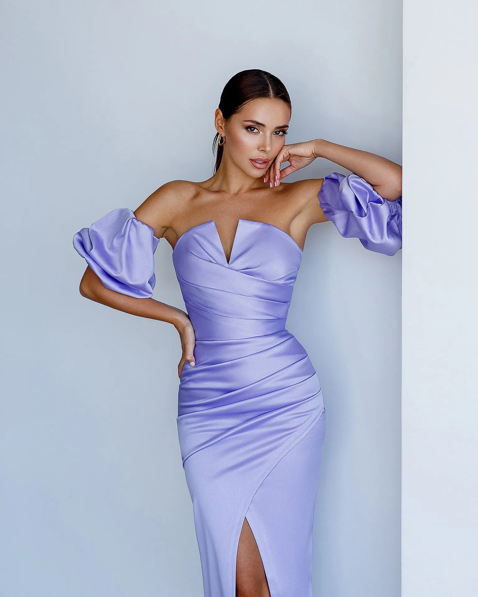 Lavender Satin Puff-Sleeve Midi Dress