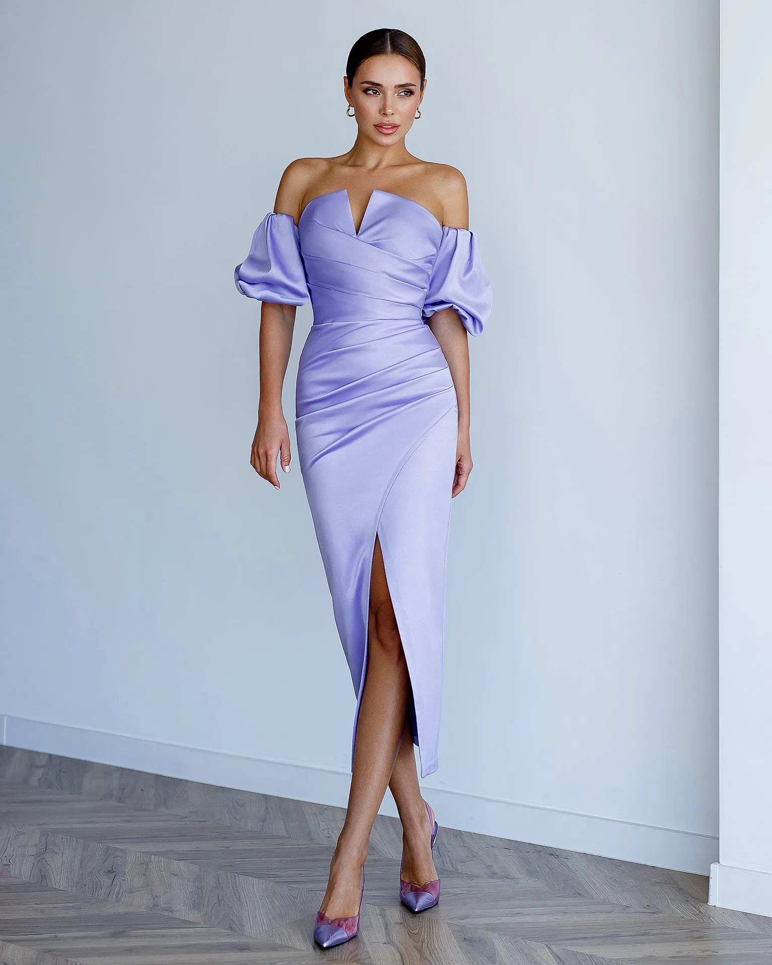 Lavender Satin Puff-Sleeve Midi Dress