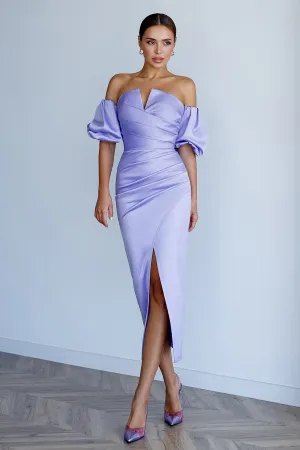 Lavender Satin Puff-Sleeve Midi Dress