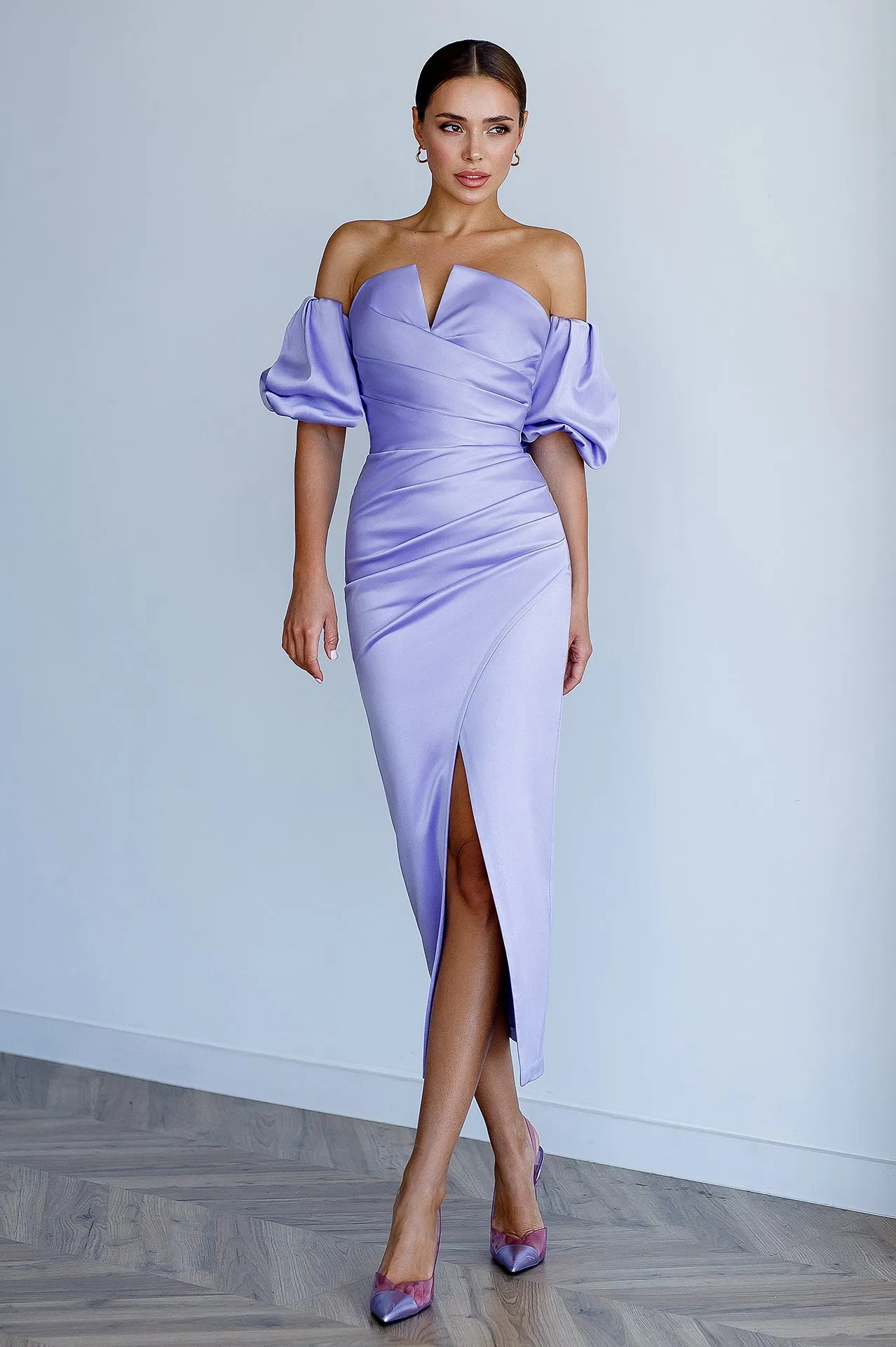 Lavender Satin Puff-Sleeve Midi Dress