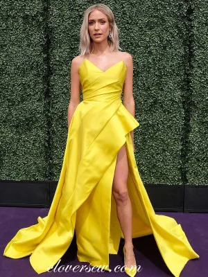 Lemon Yellow Satin Strapless Pleat Side Slit Prom Dresses,CP0385