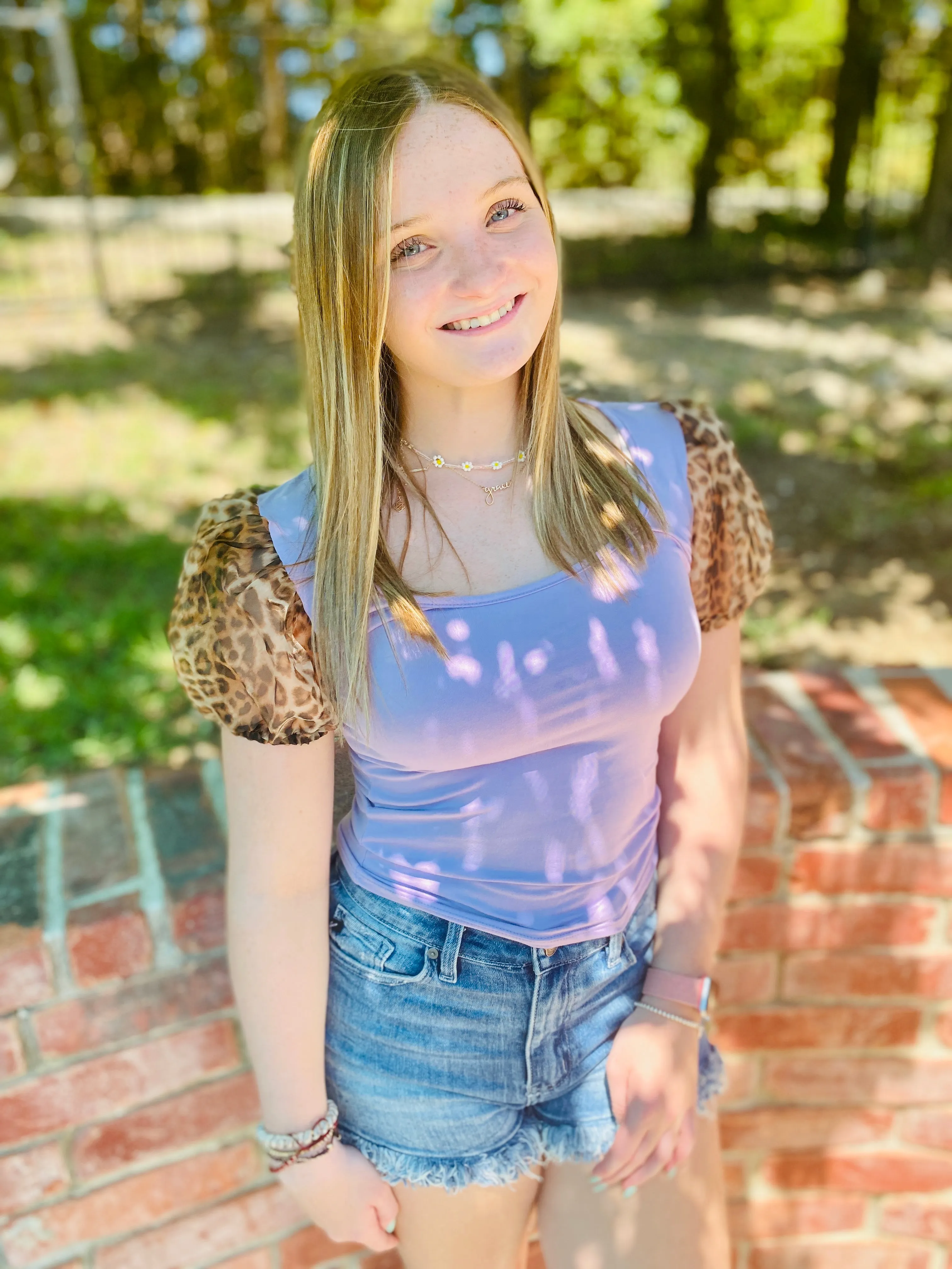 Leopard Lavender Puff Sleeve Blouse
