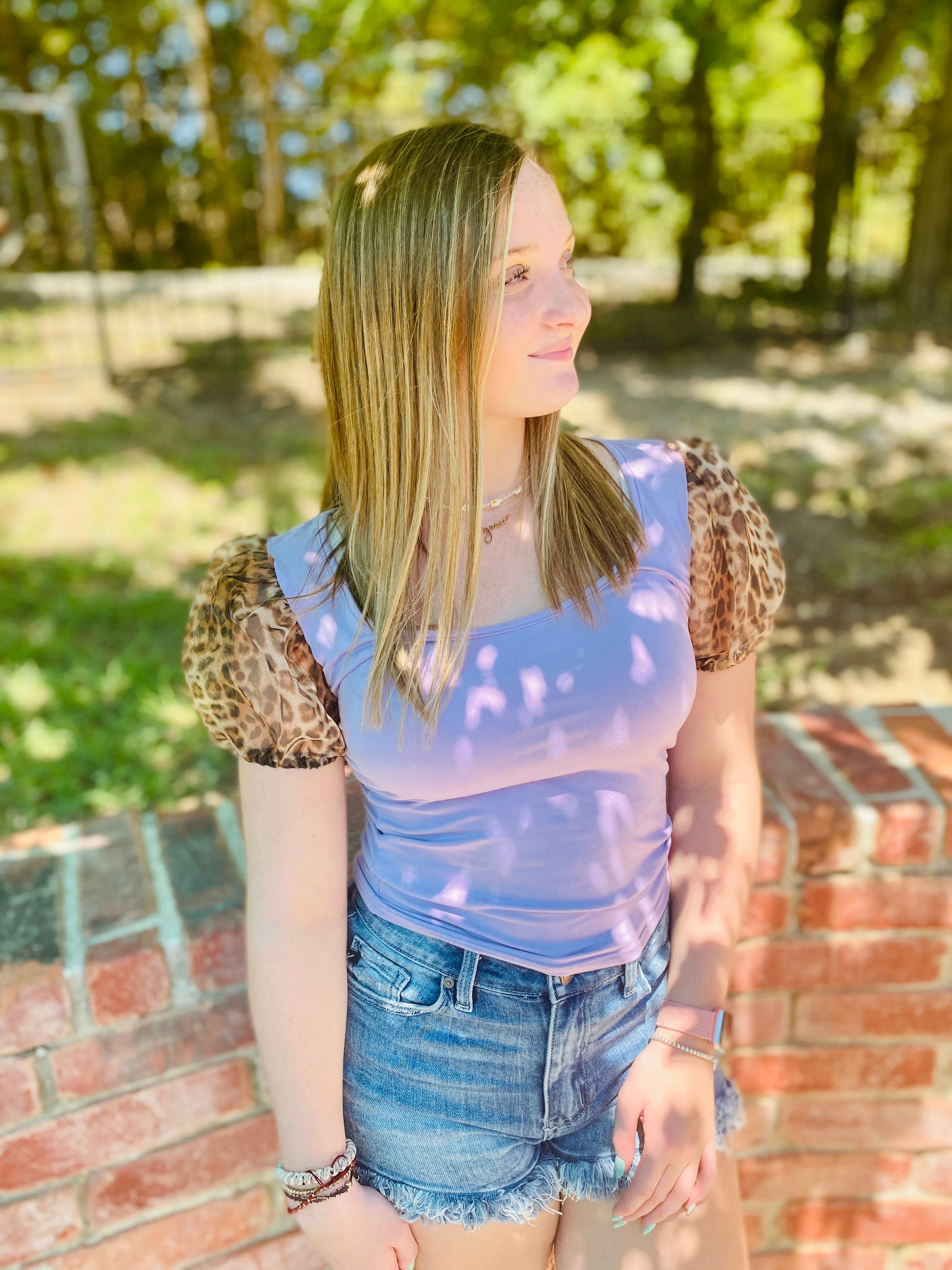Leopard Lavender Puff Sleeve Blouse