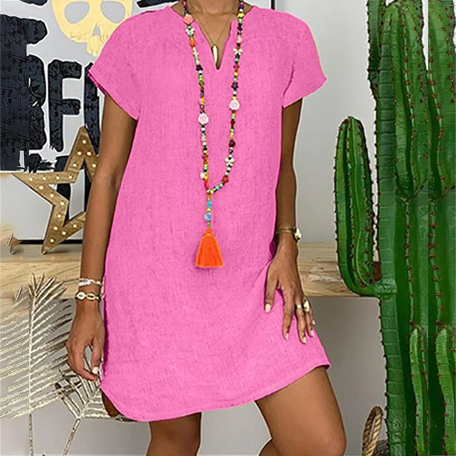 LFEOOST Womens Summer Dresses 2022 Casual Solid Short Sleeve V Neck Shift Dress Plus Size Cotton Linen Vacation Mini Dress