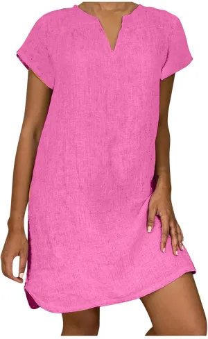 LFEOOST Womens Summer Dresses 2022 Casual Solid Short Sleeve V Neck Shift Dress Plus Size Cotton Linen Vacation Mini Dress