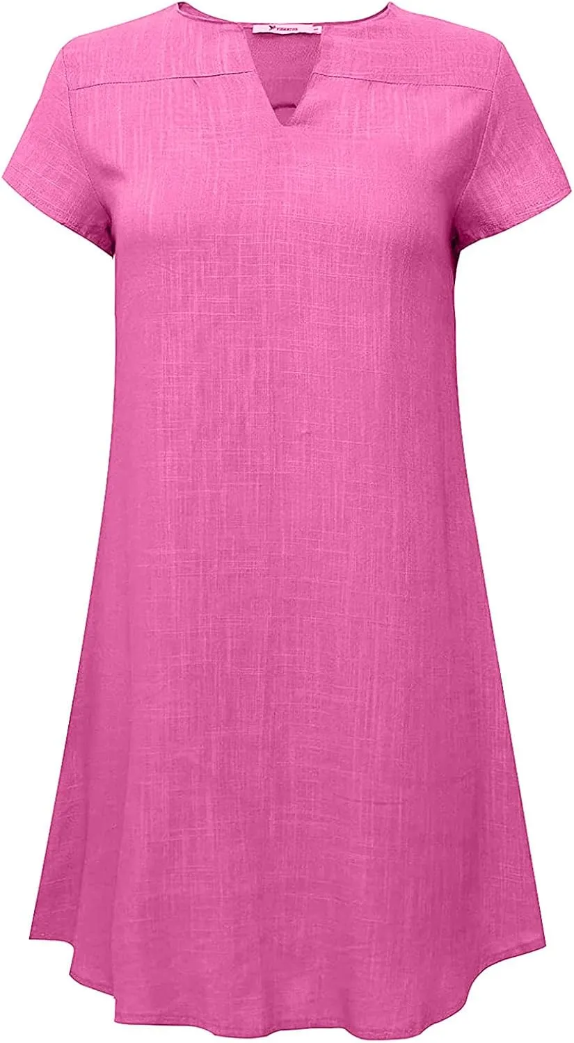 LFEOOST Womens Summer Dresses 2022 Casual Solid Short Sleeve V Neck Shift Dress Plus Size Cotton Linen Vacation Mini Dress