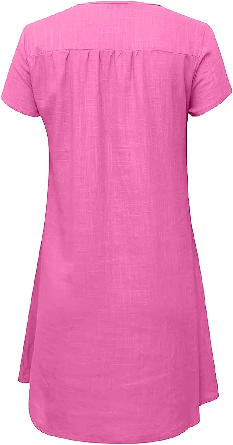 LFEOOST Womens Summer Dresses 2022 Casual Solid Short Sleeve V Neck Shift Dress Plus Size Cotton Linen Vacation Mini Dress