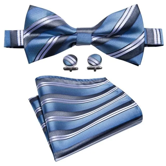 Light Blue, White & Gray Stripes Matching Bowtie Set (3pc)