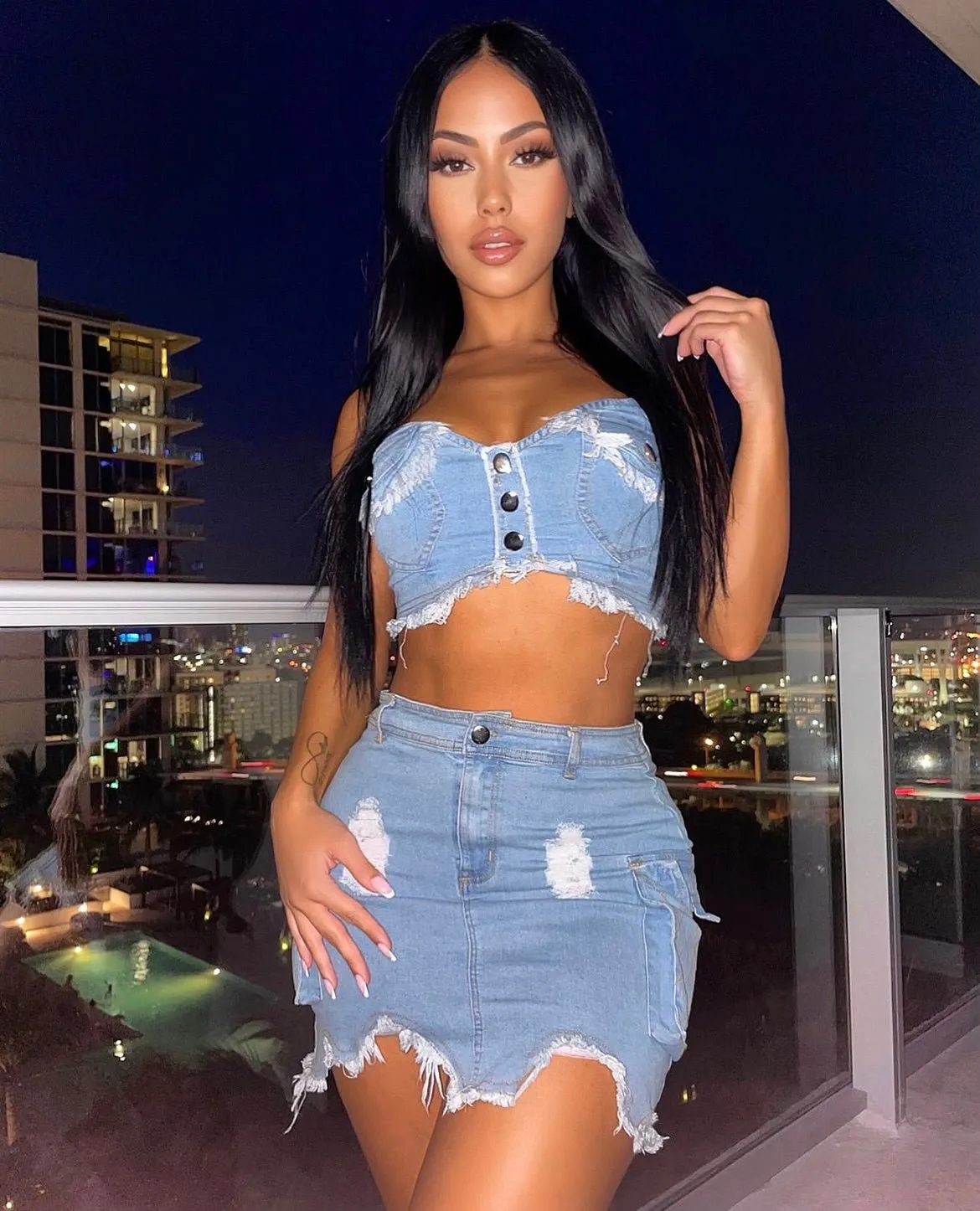 Light Denim Strapless Distressed Cargo Skirt Two Piece Set