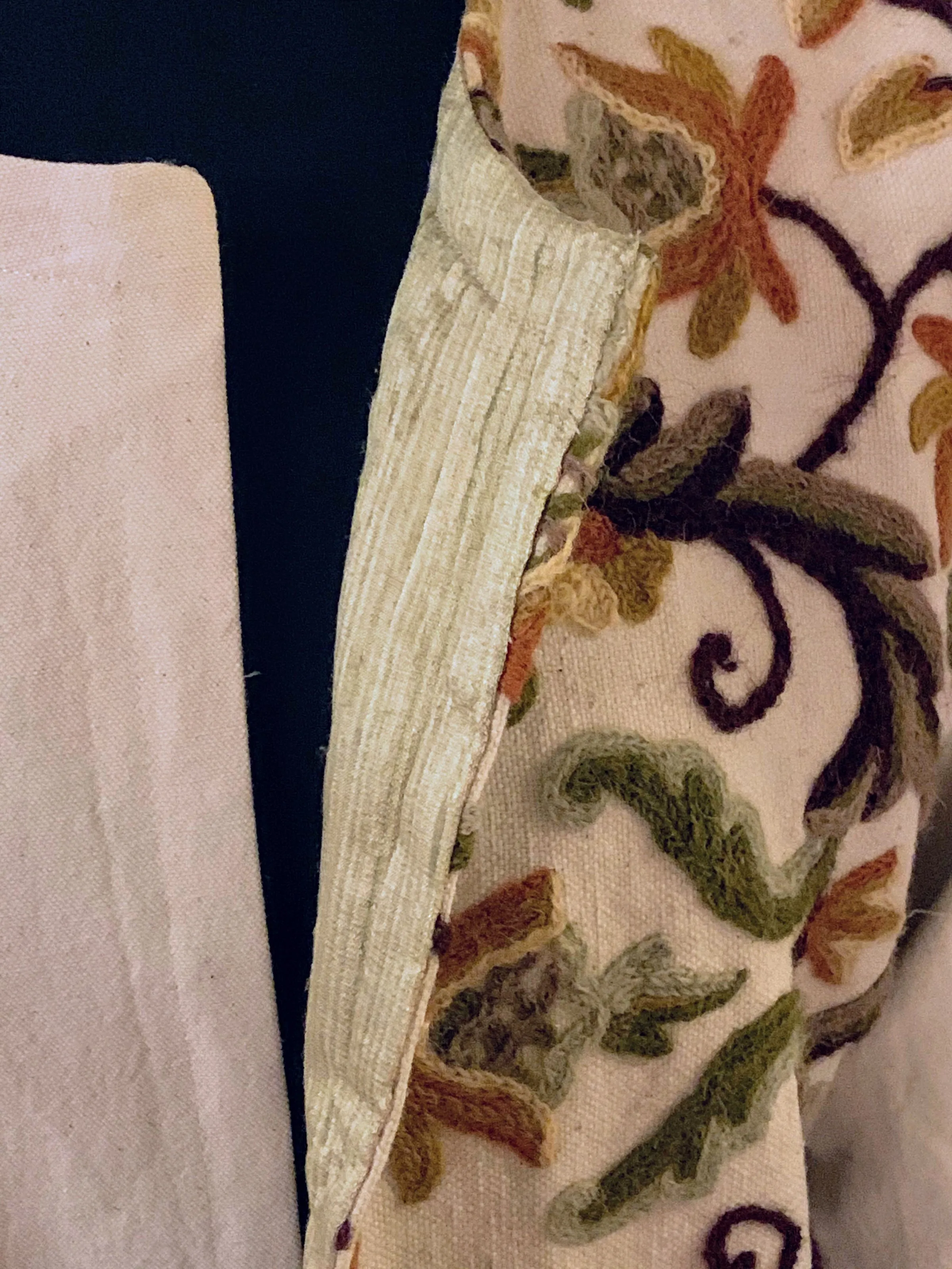*Lined Twill Coat with Vintage Crewelwork Panel and Handwoven Silk Lining