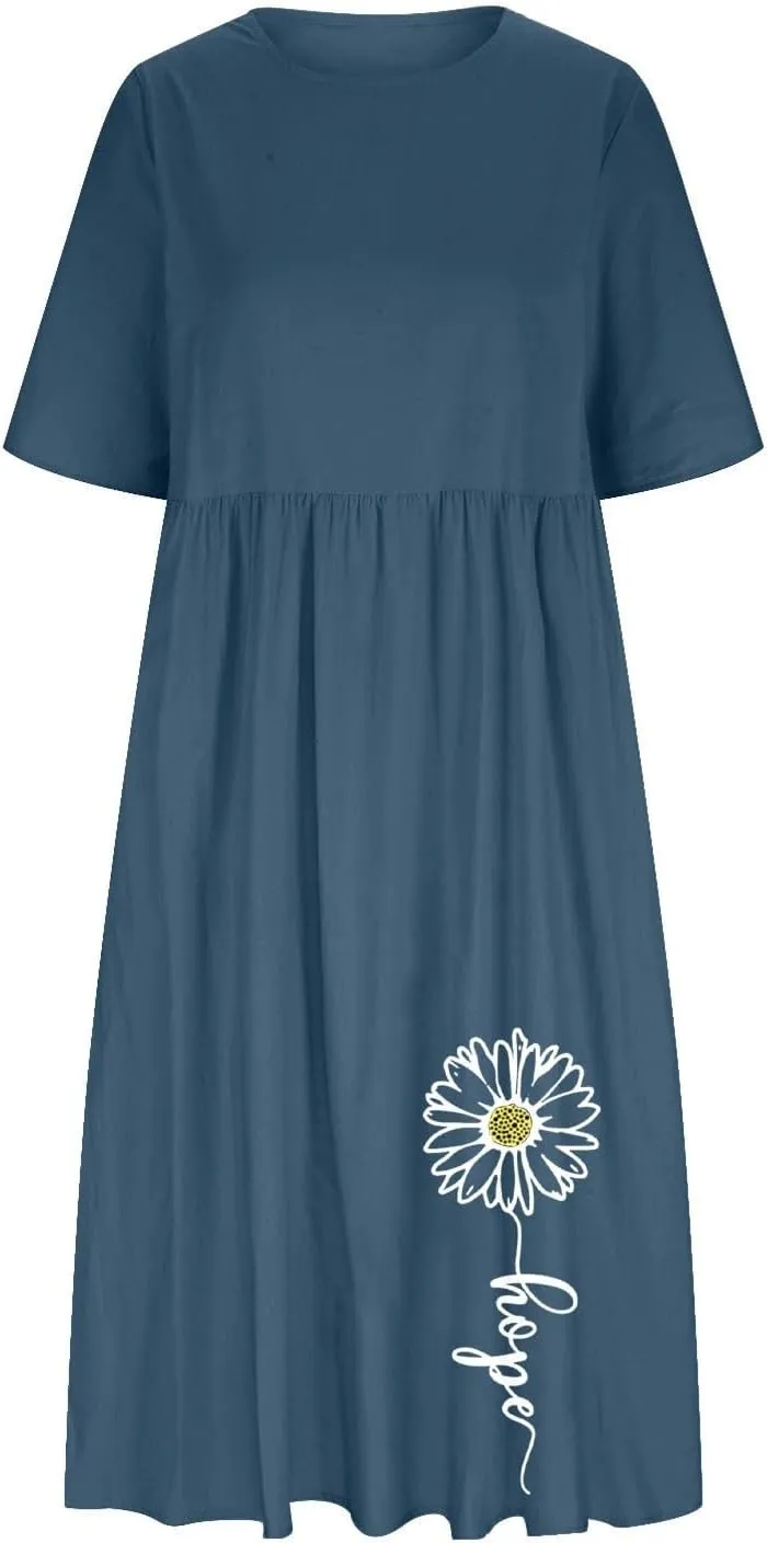 Linen Dress for Women 2025 Casual Short Sleeve Round Neck Midi Dress Summer Beach Vacation Dresses with Pockets