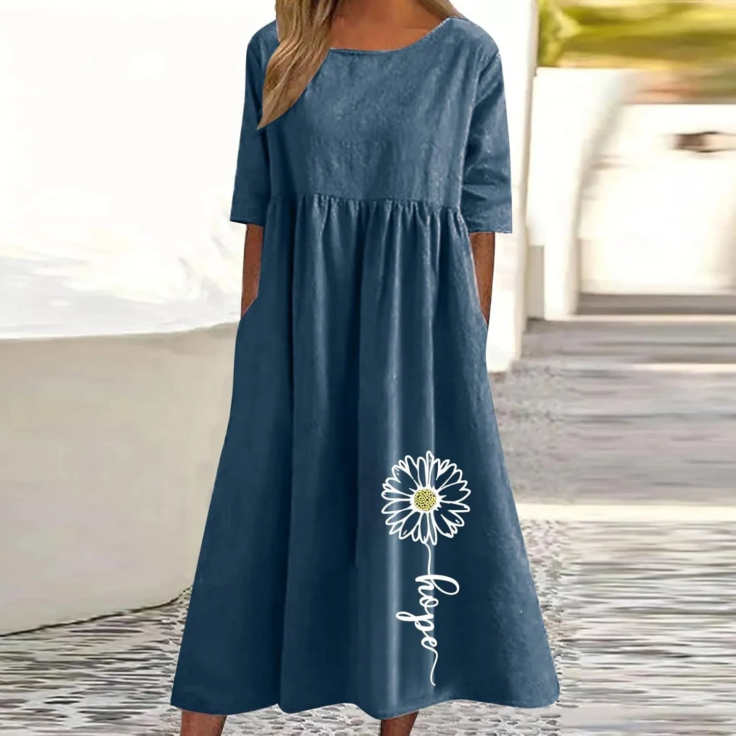 Linen Dress for Women 2025 Casual Short Sleeve Round Neck Midi Dress Summer Beach Vacation Dresses with Pockets