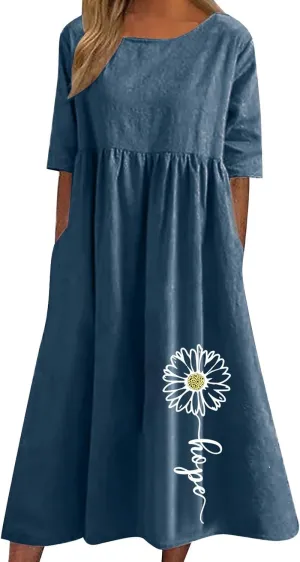 Linen Dress for Women 2025 Casual Short Sleeve Round Neck Midi Dress Summer Beach Vacation Dresses with Pockets
